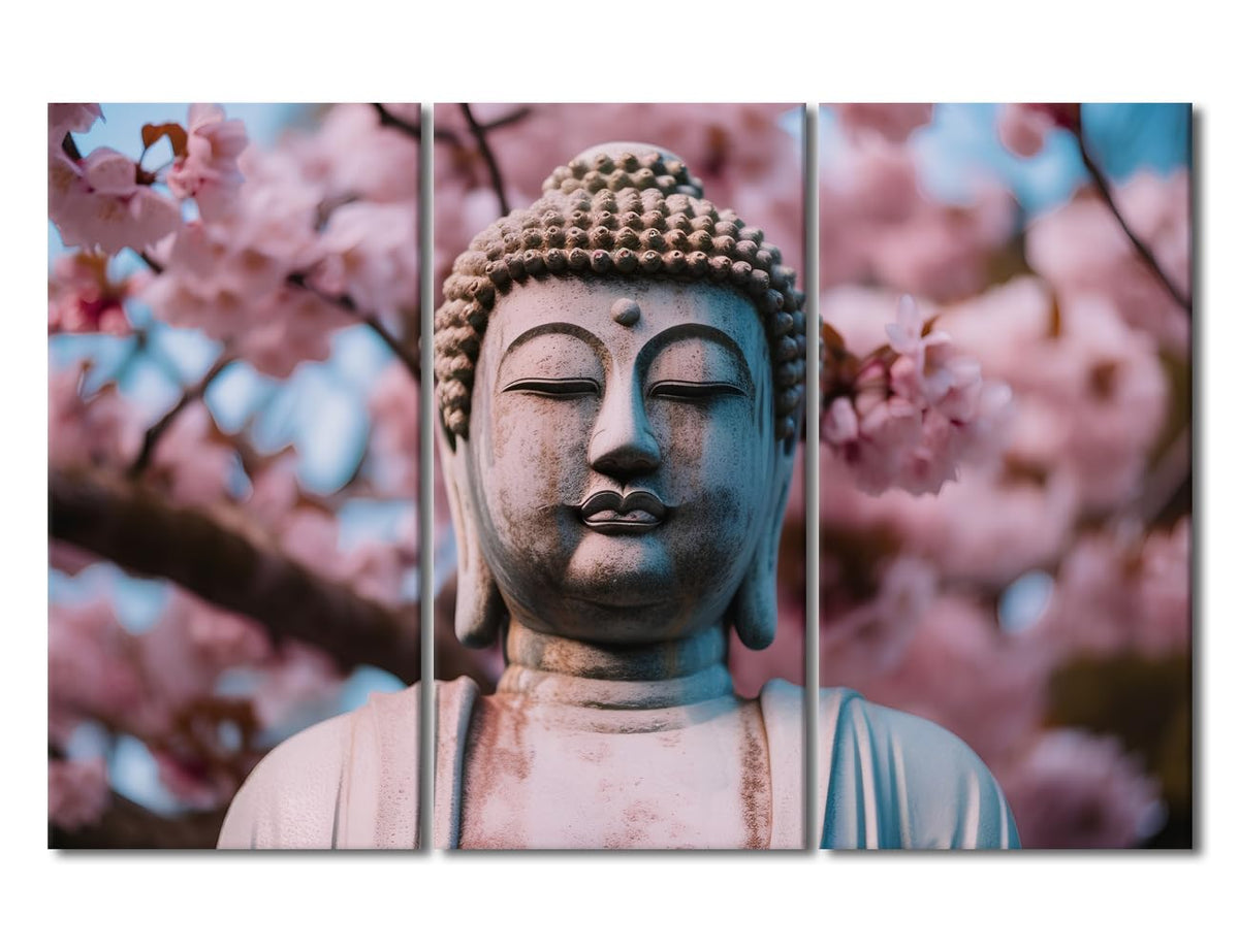 Buddha Canvas Wall Art Modern Living Room Decor Buddha Statue Cherry Blossom Poster Prints on Canvas 3 Panel Bedroom Wall Art for Office Wall Decoration Stretched and Framed Ready to Hang 42x28 in (42x28 in / 3PANEL-13)