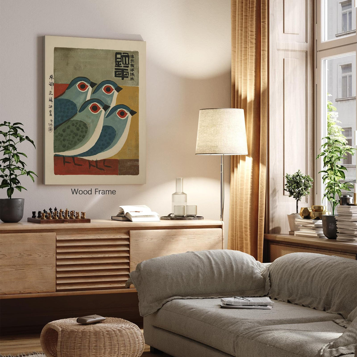 Japanese Mid Century Blue Bird Framed Posters Prints Vintage Animal Wall Art 16x20 inch Minimalist Bird Painting Rustic Artwork for Asian Lndie Room Bedroom Living Room Decor Ready to hang (Wrapped Canvas / Japanese Picture / 20"L x 16"W)