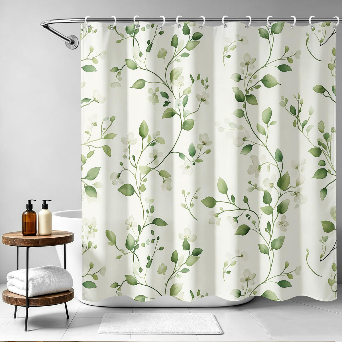 Watercolor Sage Green Leaves Shower Curtain Floral White Flowers Vines Eucalyptus Boho Modern Nature Aesthetics Bathroom Bath Decor Bathtub Curtain Fabric Shower Curtain Set with 12 Hooks (Sage Green - Botanical / 72"W x 72"L (Pack of 1))