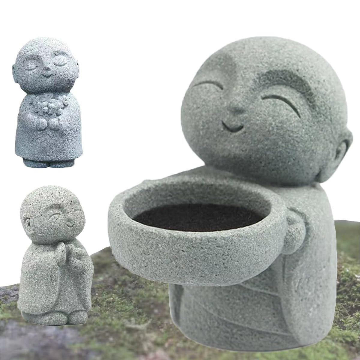 3pcs Japanese Monk Statue Praying Zen Sandstone Buddha Statues Asian Garden Sculptures for Good Luck Feng Shui Home Decor (A)