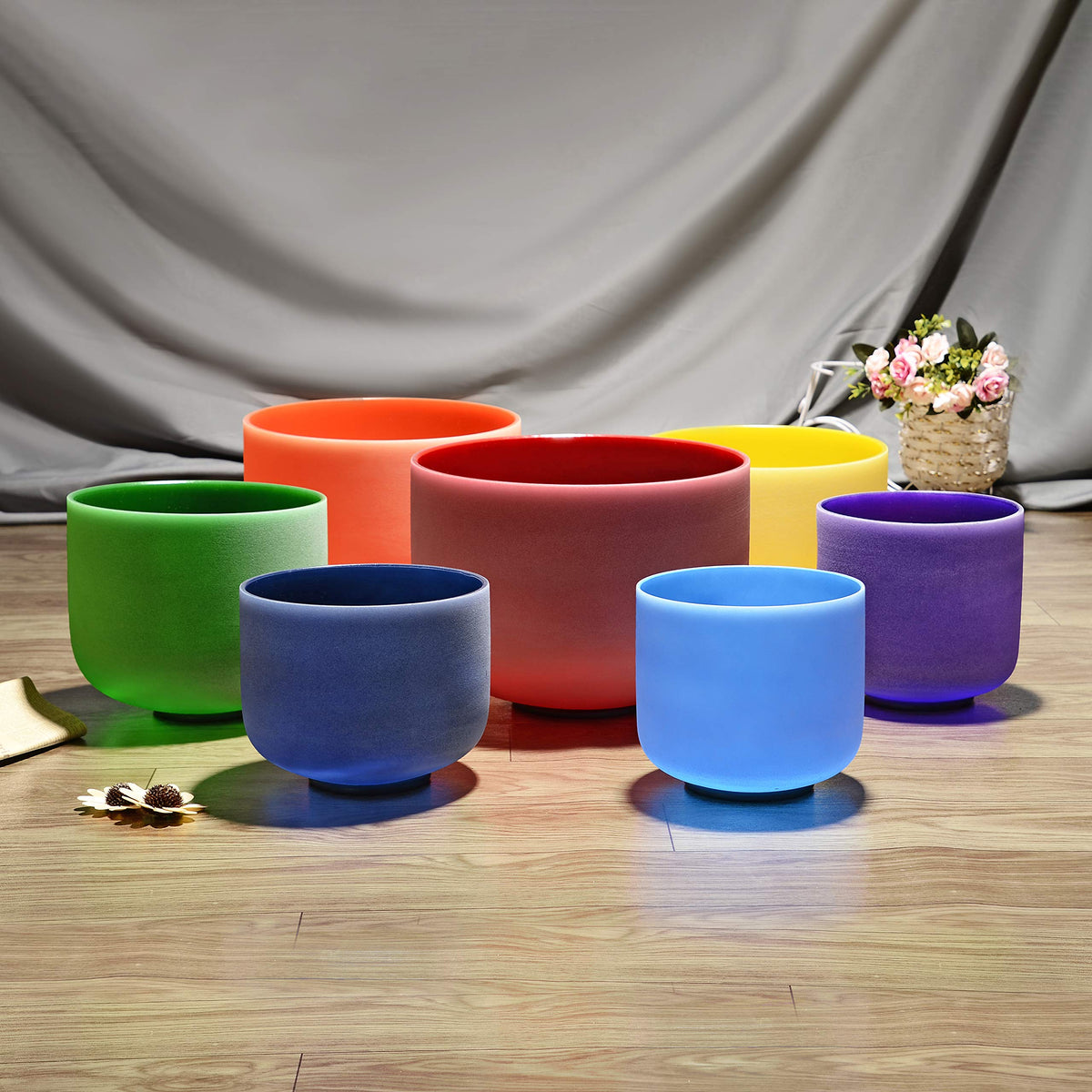 7 12 inch 432 Hz Chakra Set of 7 Color Crystal Singing Bowls with Heavy Duty Carrying Cases and Mallets (7-12 inch / 432Hz 7 Color Bowls Set)