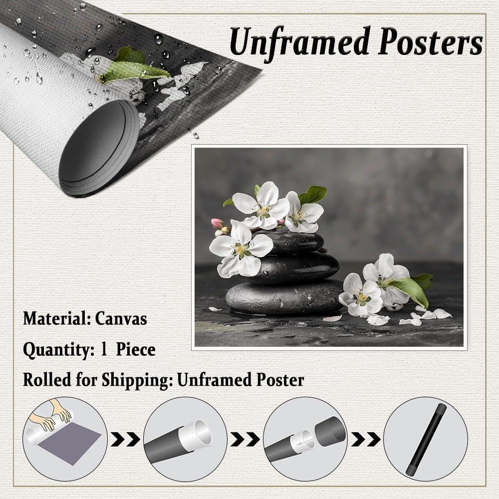 Zen Black Stones and White Flowers Wall Art (Unframed-9 / 20"L x 30"W)