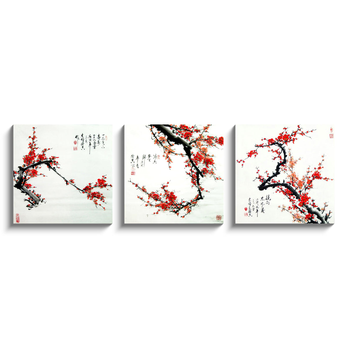 Small Size Traditional Chinese Painting of Plum Blossom Canvas Prints 3 Panels Wood Framed Red Plum Blossom Wall Art Plum Flowers Print Painting 30x30cm Each Panel (Red Plum / 12x12 inches (3 pieces))