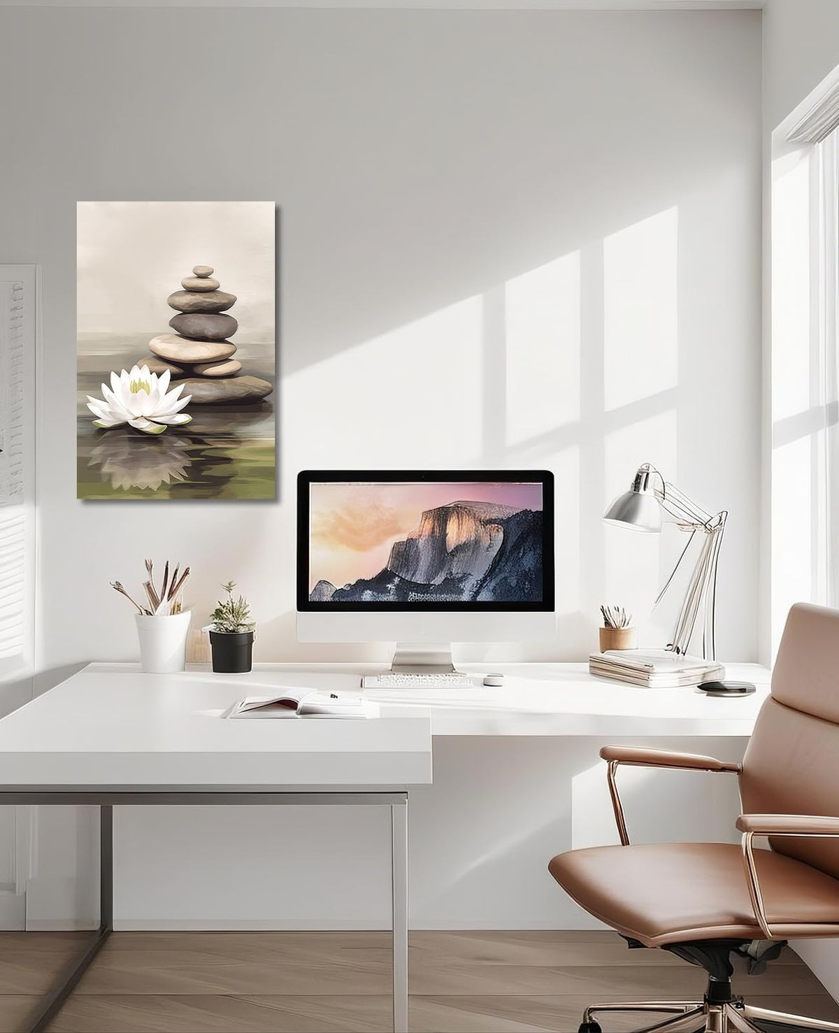 Zen Wall Art Lotus Canvas Print Bathroom Decor Spa Stone Picture Meditation Painting Vintage Artwork for Spiritual Room Living Room Office Modern Home Decor Frame (18"L x 12"W / Art-3)