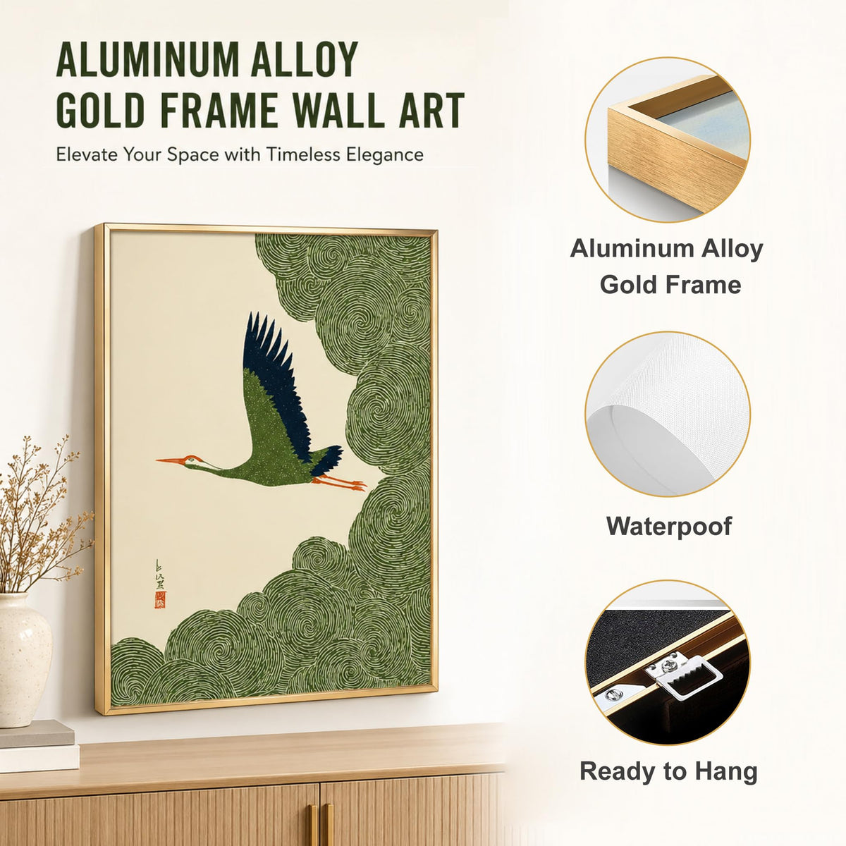 Gold Aluminum Alloy Framed Japanese Crane Canvas Wall Art 16x24in (Japanese Crane / 24"L x 16"W)