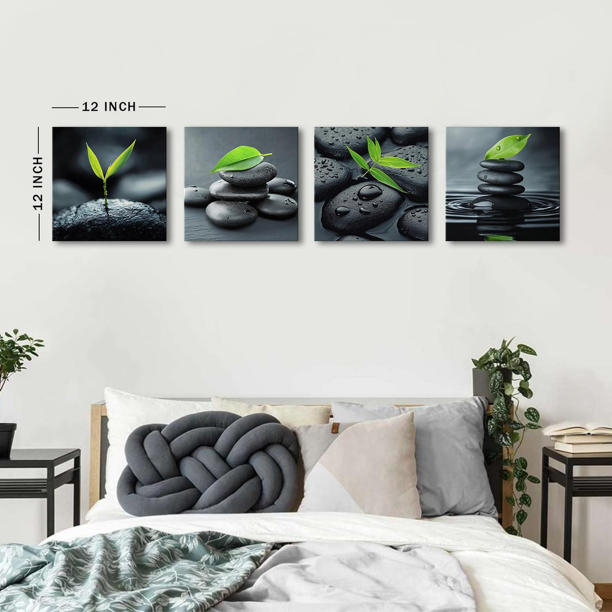 Zen Wall Art Black Pebble Stone in Water Pictures Bathroom Wall Decor Green Plant Bamboo Leaves Canvas Prints Living Room Calming Still Life Modern Artwork Bedroom Meditation Home Decoration 12x12" 4P (12"L x 12"W / Zen)