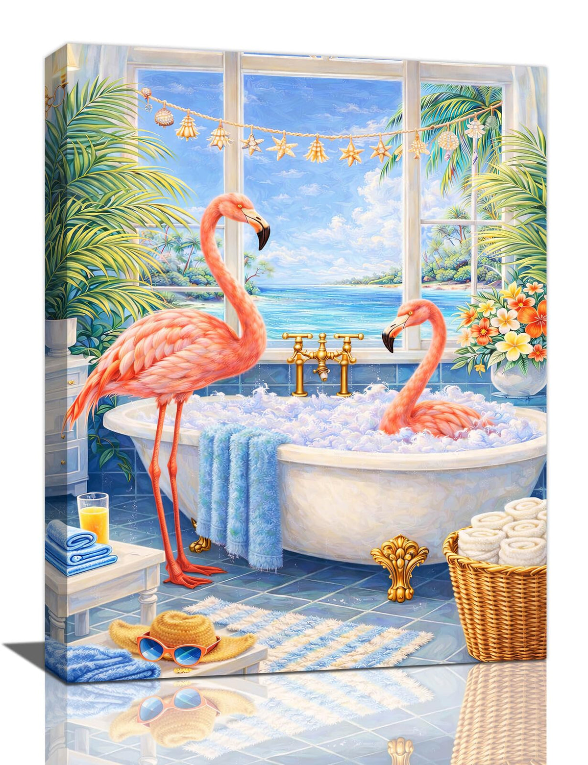 Bathroom Flamingo Wall Art Pink Flamingo in Bathtub Wall Decor Coastal Canvas Painting for Bathroom Toilet 16"x24" (Bathroom Flamingo / 24"L x 16"W)