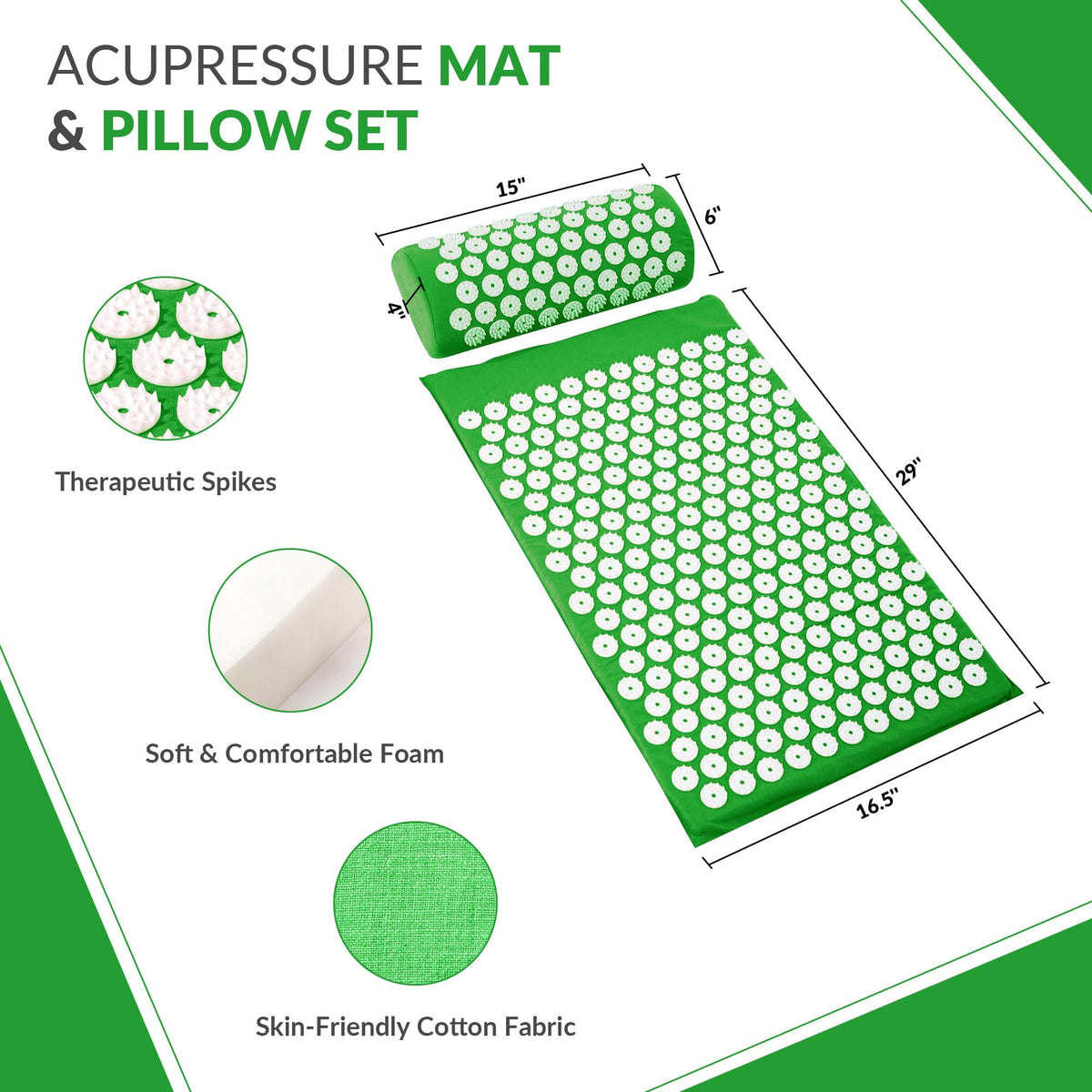 Acupressure Mat and Pillow Set for Back (Forest Green)