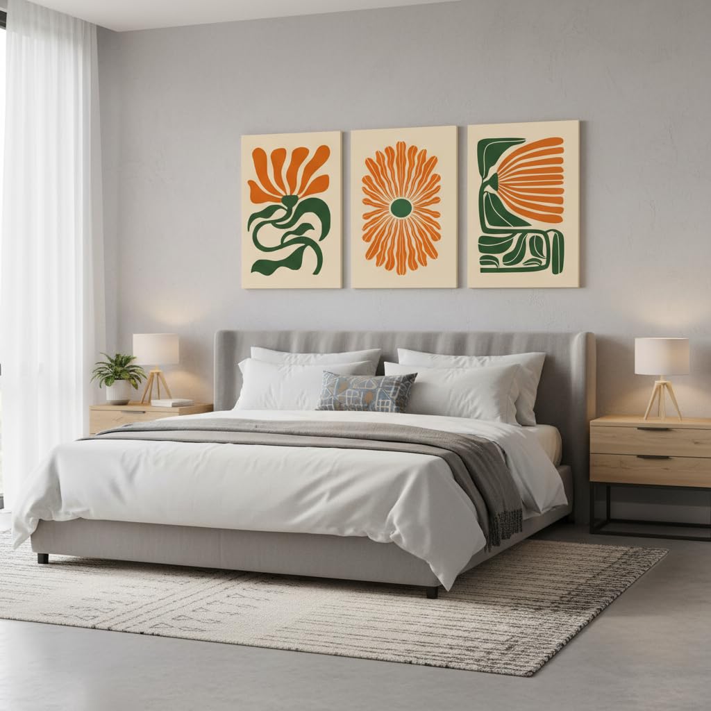 3 Pcs Mid Century Floral Canvas Wall Art (Beige flowers / 16"L x 12"W)