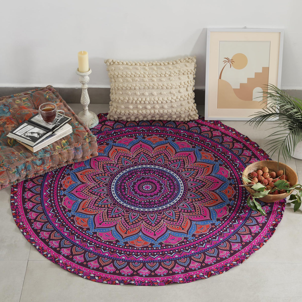Round tapestry Indian Ombre Mandala Roundie Beach Throw Tapestry wall hanging Hippy Boho Gypsy Cotton Tablecloth Yoga Sheet 50" Purple (Barmeri Purple / 50"L x 50"W)