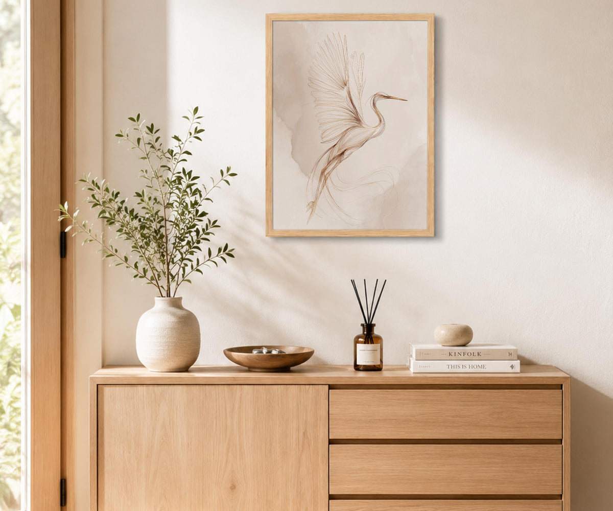 Framed Modern Minimalist Japandi Heron Line Art Canvas Wall Art (Beige, Cream, Warm White, Terracotta Brown / 12"L x 16"W)