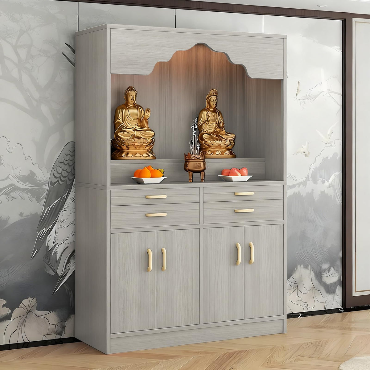Altar Table Wood Meditation Prayer Table (Light Gray Wash / 51.2" x 15.7" x 63.8")