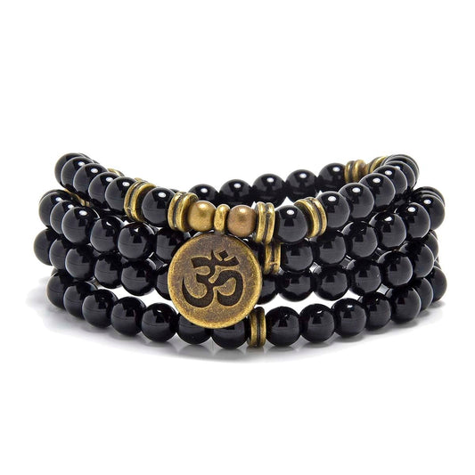 108 Mala Beads Bracelet with om Charm (Black Agate)