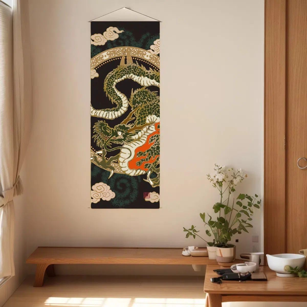 japanese scroll wall art Decorations Thin Tapestry asian wall art hanging scroll for Living Room (Dragon)