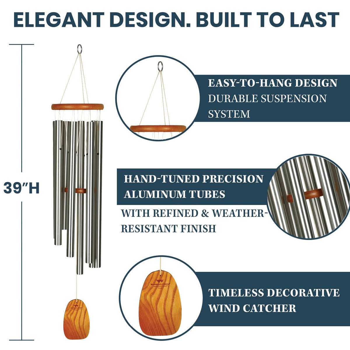 Woodstock Wind Chimes for Outside (Silver / 39")