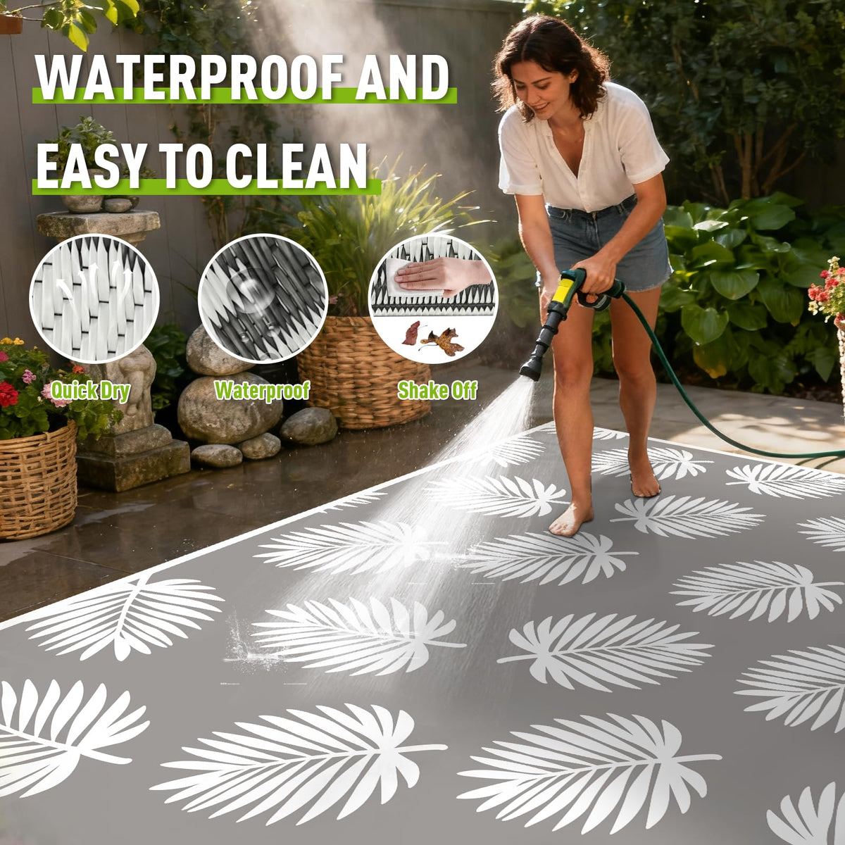 Outdoor Rug 5x8 ft Waterproof plastic Mat For RV Backyard Deck Patio Grey (Palm Frond / 5x8 Feet)