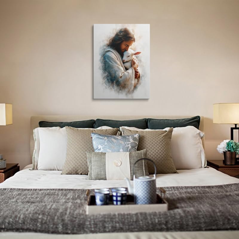 Good Shepherd Jesus Wall Art Canvas Framed Painting with Lamb Gentle Embrace in Soft Blue Cream Earth Tones Serene Christian Religious Wall Decor Artwork for Home Bedroom Church 12x16 Inches (Jesus with the lamb / 16"L x 12"W)