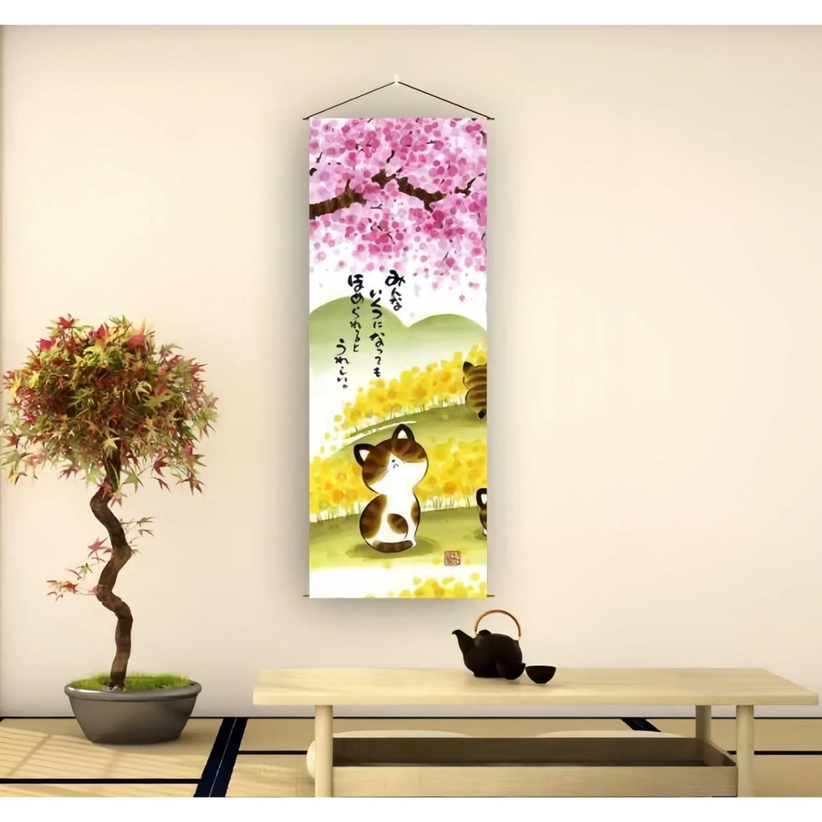 Japanese Scroll Wall Art Decorations Thin Tapestry Asian Room Decort Hanging Scroll for Living Room (Sakura and Cat)