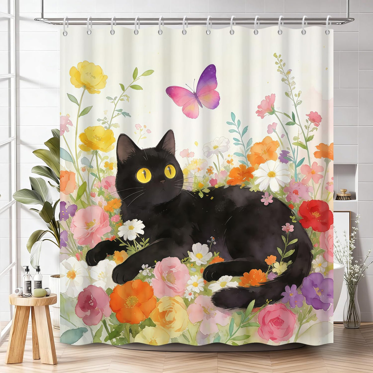 Cute Cat and Floral Shower Curtain 72x72 Inch (Cat and Flowers / 72"W x 72"L (Pack of 1))