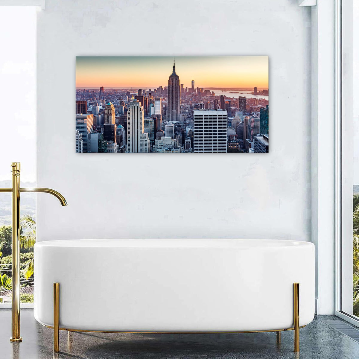 New York Wall Art Modern Manhattan Skyline Picture USA Downtown City Wall Decor Night View Building Canvas Painting NYC Skyscraper Contemporary Artwork for Bedroom Living Room Home Decoration 24x48" (48"L x 24"W / New York)