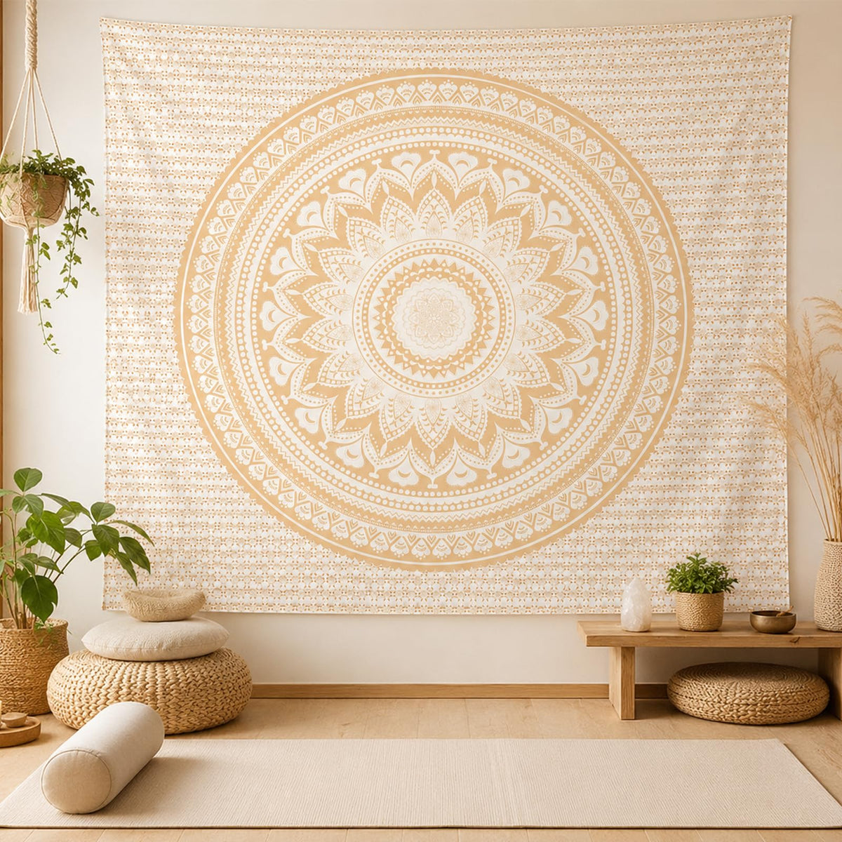 Boho Mandala Wall Tapestry for Bedroom (A-Beige Mandala Tapestry / 79"L x 60"W)