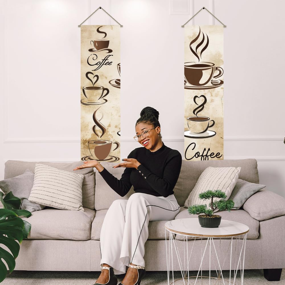 2Pcs Coffee Tapestry Coffee Line Drawing Wall Hanging Tapestries (Beige-coffee)