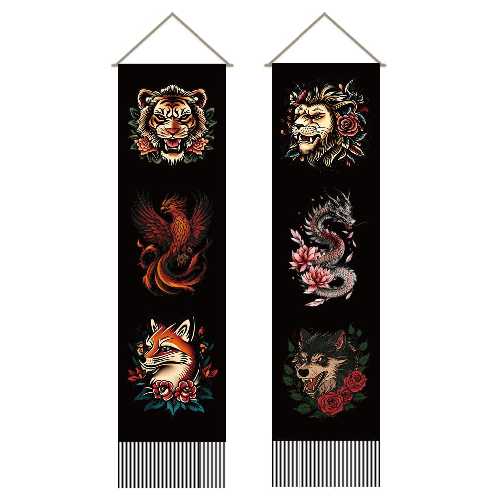 2Pcs Mythical Animals Long Vertical Tapestry (Black-tiger lion)