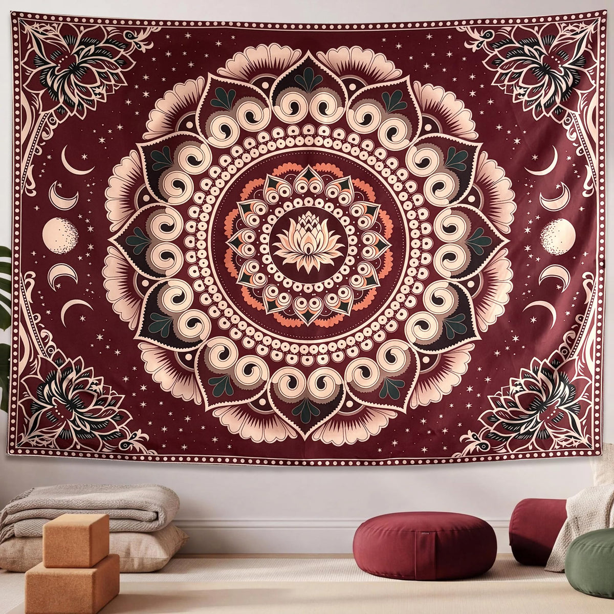 Red Boho Lotus Mandala Tapestry Wall Hanging for Bedroom 60 x 44 Inch (Red / 60"L x 44"W)