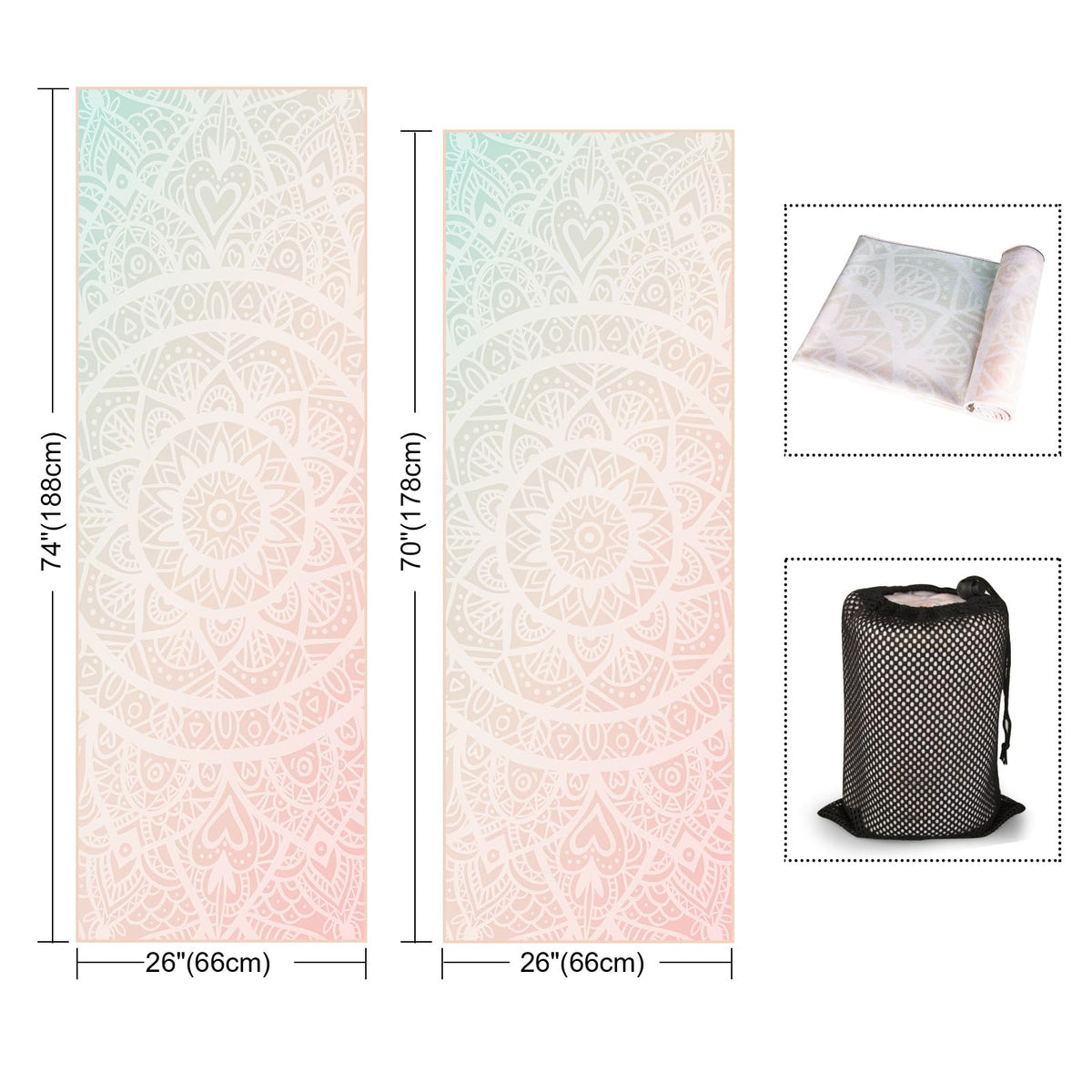 Hot Yoga Towel with Grip Dots (Pink Mandala / 70" x 26")
