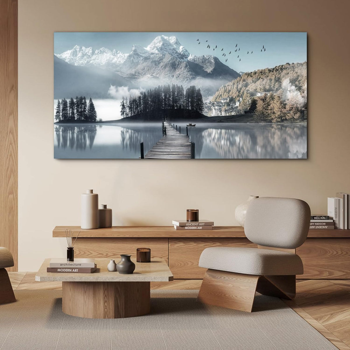 Large Lake Wall Art Mountain Picture Landscape Wall Decor Living Room Nature Canvas Painting Tree Print Scenery Poster Office Artwork for Bedroom Wall Art Home Decoration (Wlake / 60"L x 30"W)