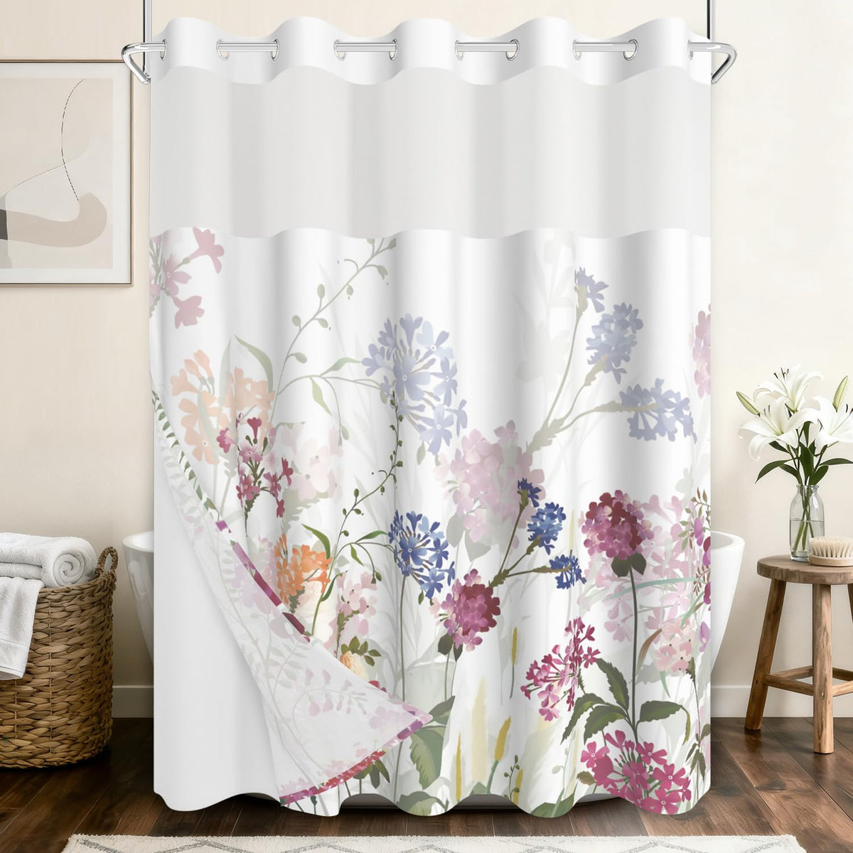 No Hook Shower Curtain and Liner Set (Watercolor Floral)
