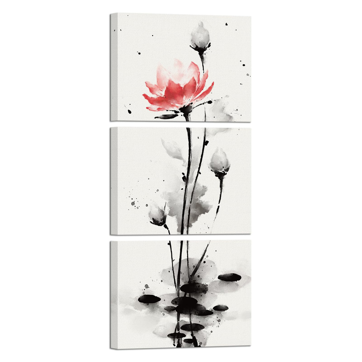 Traditional Chinese Painting Watercolor Lotus Flowers Canvas Prints Zen Water Lily Art Pictures Decor (Red)