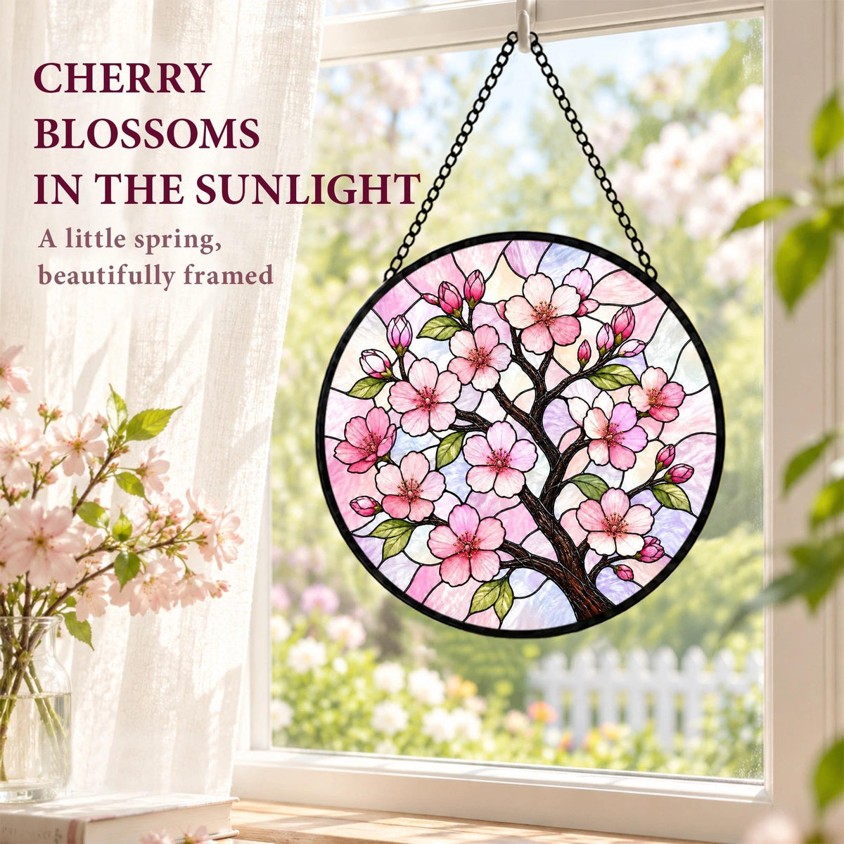Cherry Blossoms Gifts for Women Stained Glass Window Hanging Suncatcher (Cherry Blossoms / 7.8 x 7.8 IN)