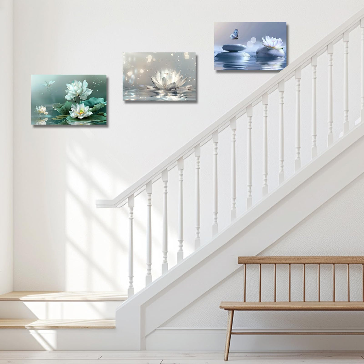 Zen Bathroom Decor Water Lily Wall Art Lotus Flower and Teal Dragonfly Canvas Prints White Floral in Water Picture Wall Decor for Meditation Spa Room (Zen - 3 / 24L" x 36W")