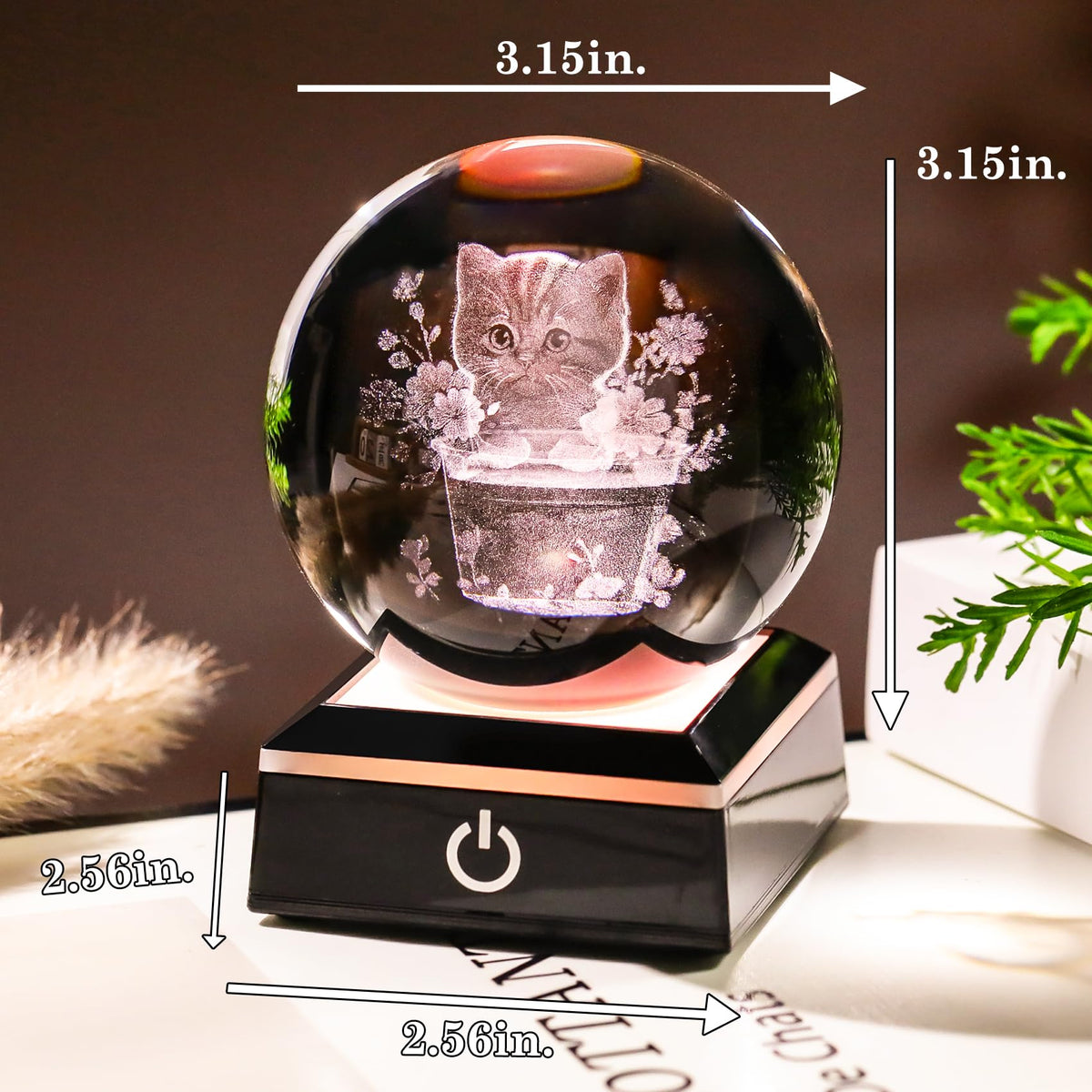3D Crystal Flowerpot Cat Ball Figurines with Colorful LED Base Cat Lover Gifts for Women Men Cats Collectibles Home Decor (Flower Cat)