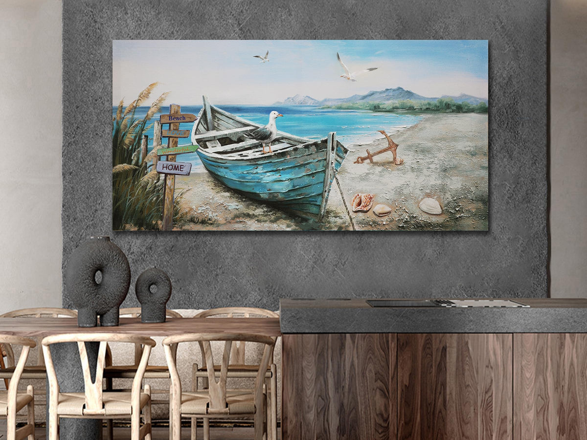 Nautical Wall Art Decor Coastal Artwork for Living Room 58"x29" (blue coastal boat / 58"L x 29"W)
