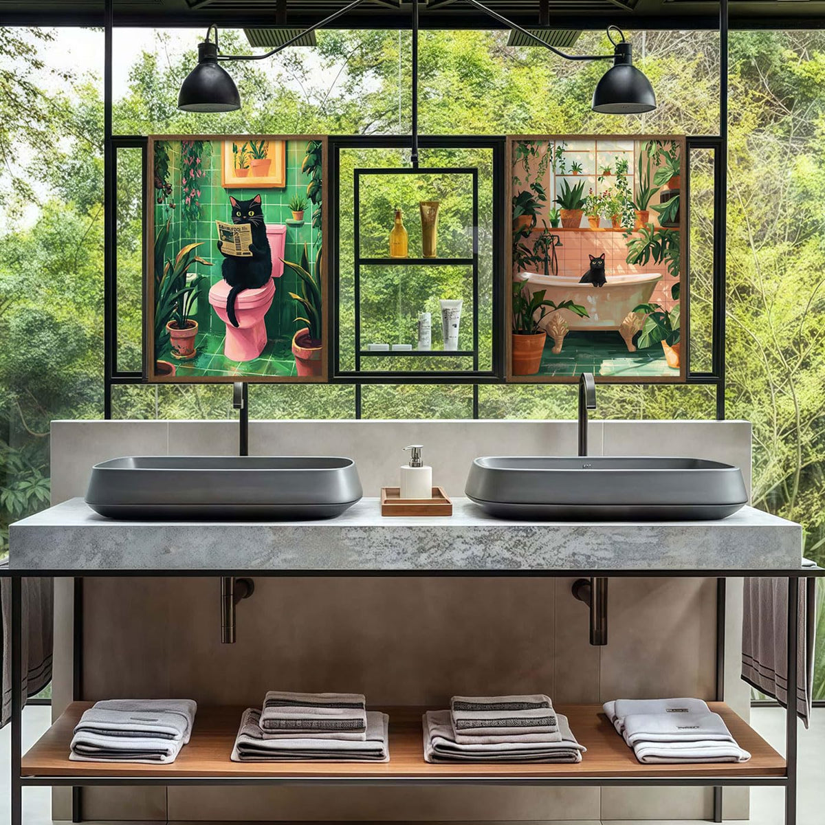 2 Pcs Wooden Framed Green Plant Bathroom Black Cat Wall Art Animal Bathroom Decor Painting Modern Canvas Prints Vintage Plant Poster Gallery Style Home Artwork 16X24Inch (Green Plant Black Cat / 16"L x 24"W)