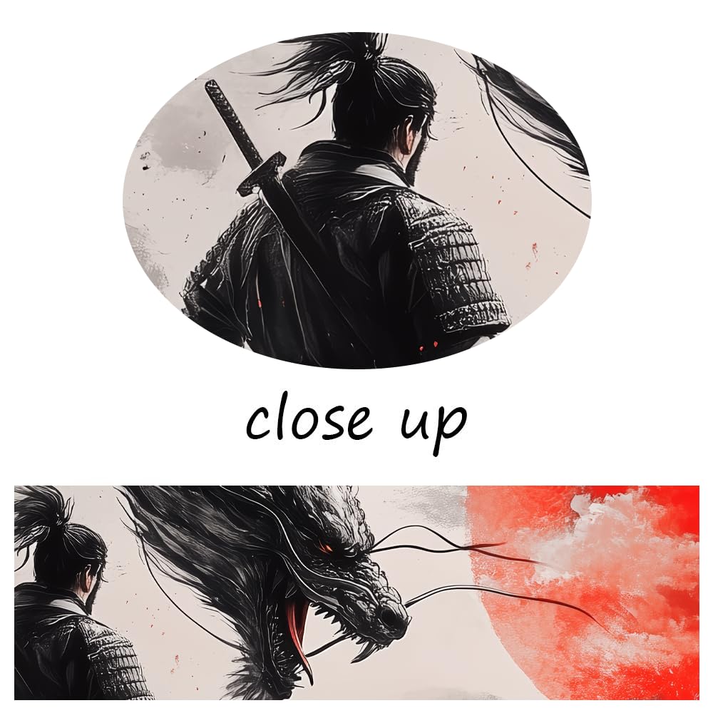 Japaneses Samurai Bedroom Wall Art Dragon Pictures Wall Decor Black and White Asian Warrior Artwork Red Sun Canvas Prints for Bathroom Office Living Room Bushido Poster Framed 5 Pieces 60''W x 40''H (60"Wx40"H / Samurai 5P-22)