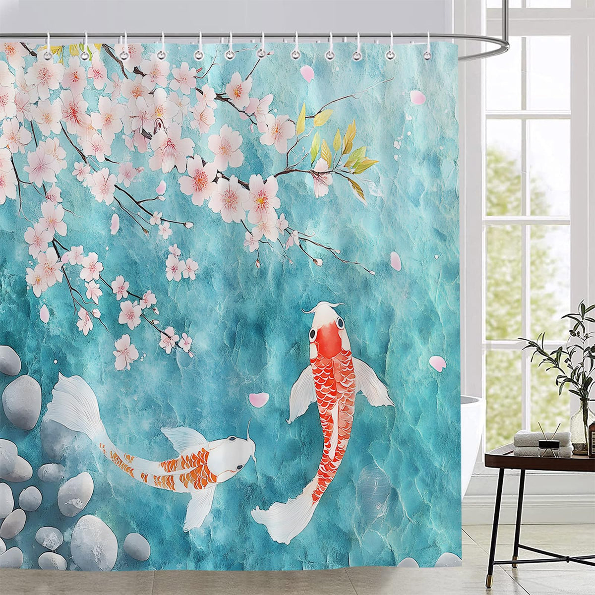 Japanese Fish Shower Curtain Pink Cherry Blossom Asian Floral Blue Lake Animal Zen Garden Nature Abstract Art Bathroom Decor Set Polyester Fabric with Hooks 70X84 Inch (Blue Pink / 70.00" × 84.00" Inch)
