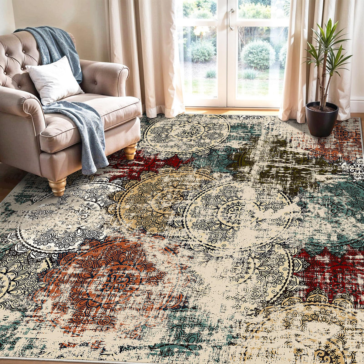 Abstract Square 7x7 Area Rugs (Red/Green/Multi / 7' x 7' (Square))