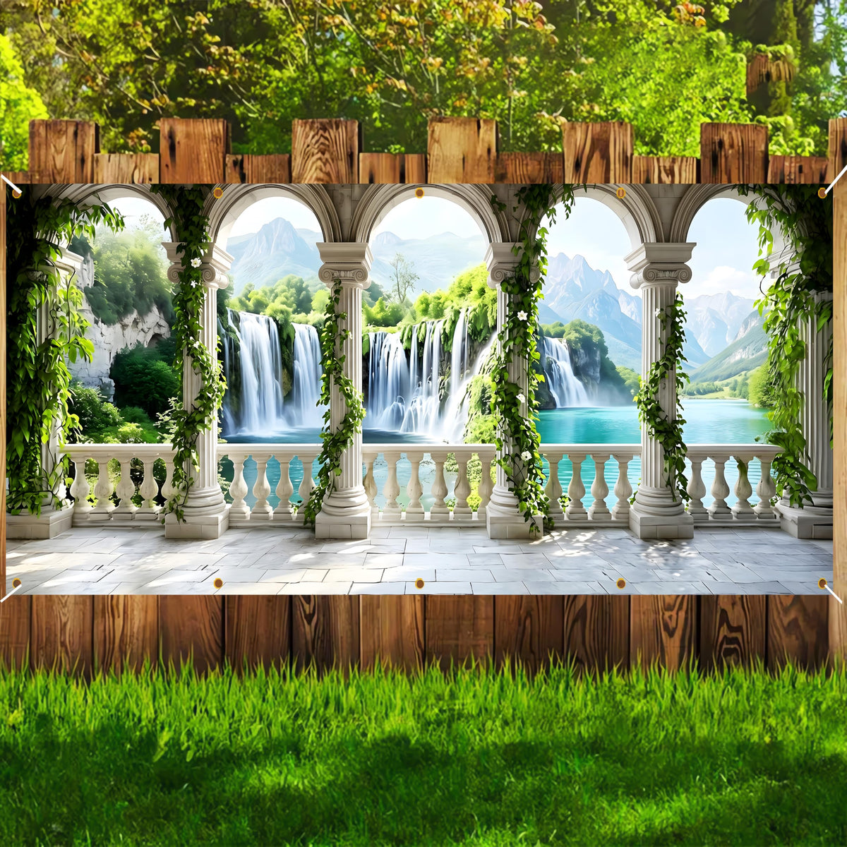 Waterfall Garage Door Banner 6 x 13 FT (White arches)
