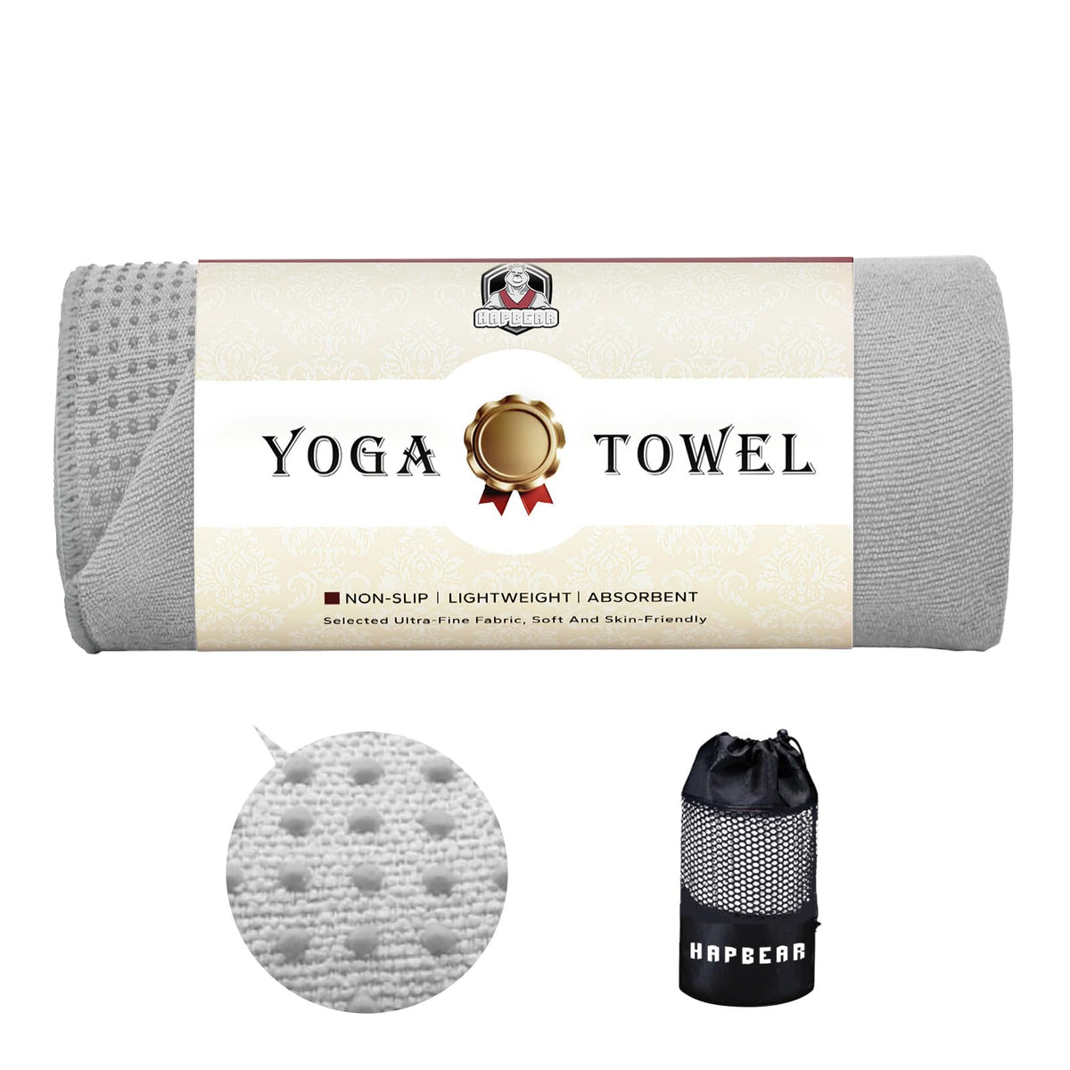 Non Slip Yoga Mat Towel with Grip Dots (Grey)