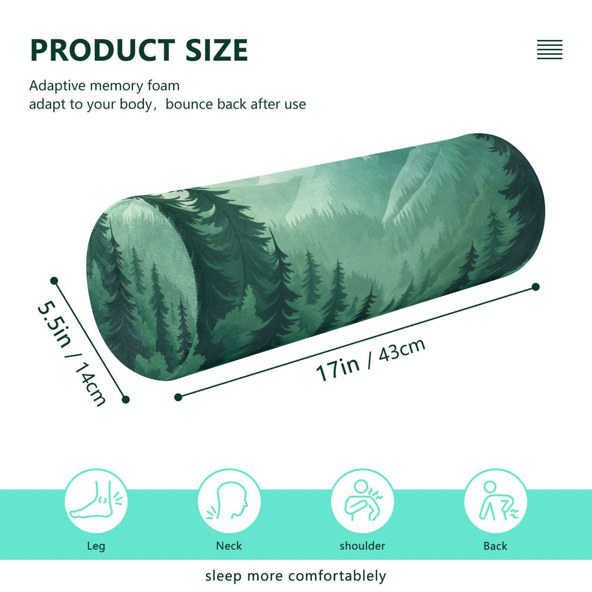 Mountain Forest Trees Green 02 Neck Roll Pillow Bolster Round Health Memory Foam Long Cervical Cylinder Pillows with Removable Washable Cover for Body Bed Legs Back Yoga (Mountain Forest Trees Green 02)