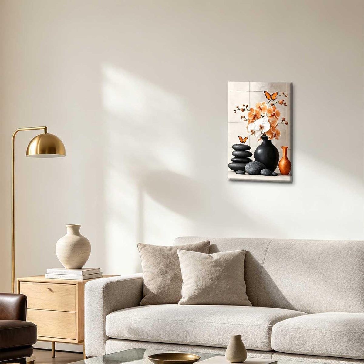 Orchid Flower Canvas Wall Art Zen Bathroom Pictures Prints Spa Stone Butterfly Wall Decor Black White Yoga Meditation Paintings for Living Room Bedroom (Orange / 18"L x 12"W)