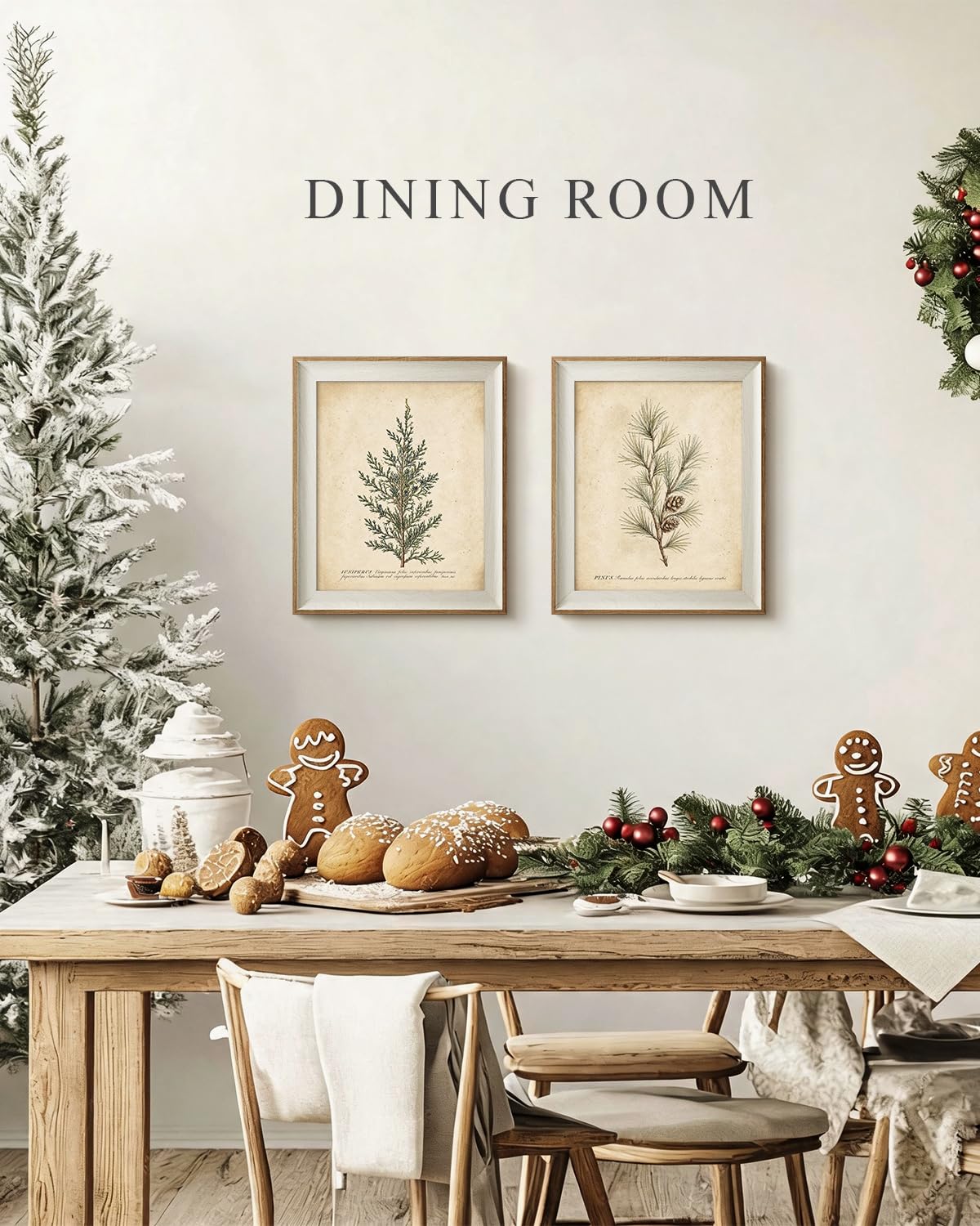 Framed Vintage Christmas Pine Botanical Wall Art Set (Christmas Couplets / 12"L x 10"W)