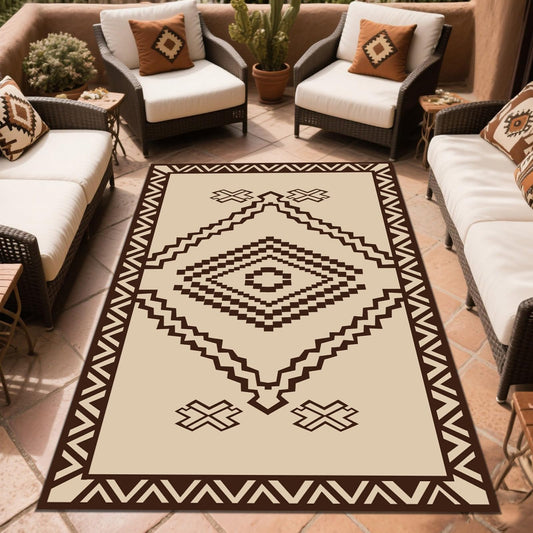 Beige Brown Geometric Rug 5x8 FT Defines Space Mat for Patio Deck Camping (Del Diamond / 5x8 Feet)