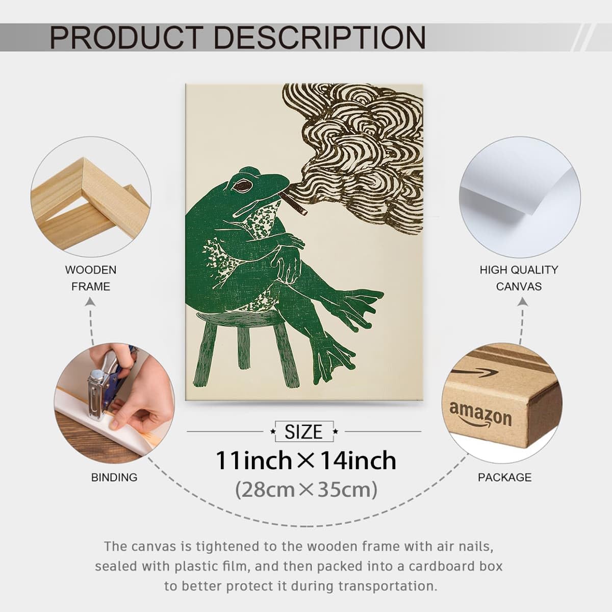 Framed Japanese Wall Art Funny Frog Smoking a Cigarette Poster Retro Oriental Asia Animals Print Ukiyo (Wrapped Canvas / Japanese Art 005 / 14"L x 11"W)