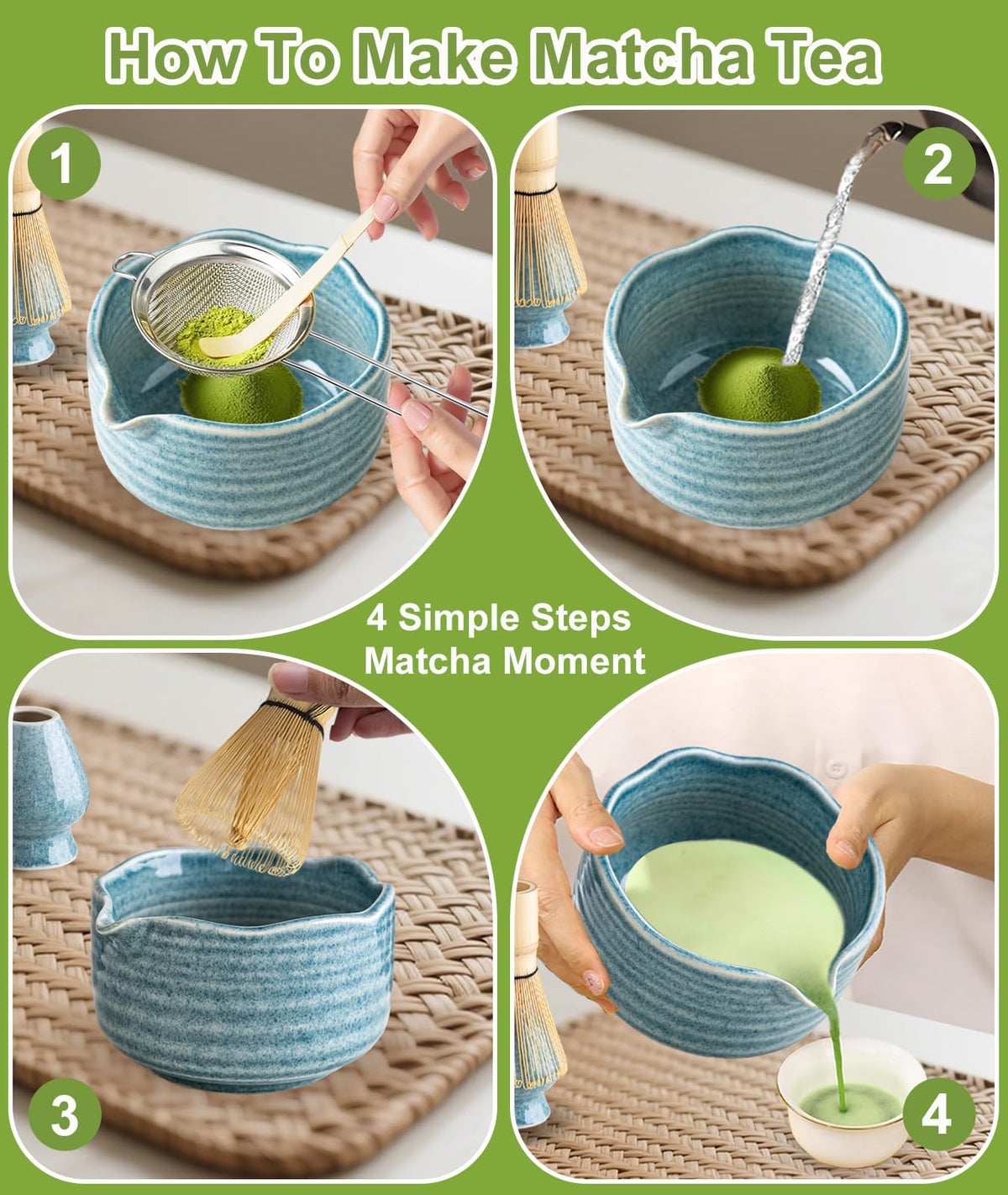 Matcha Set with 17oz Ceramic Bowl (Retro Blue)