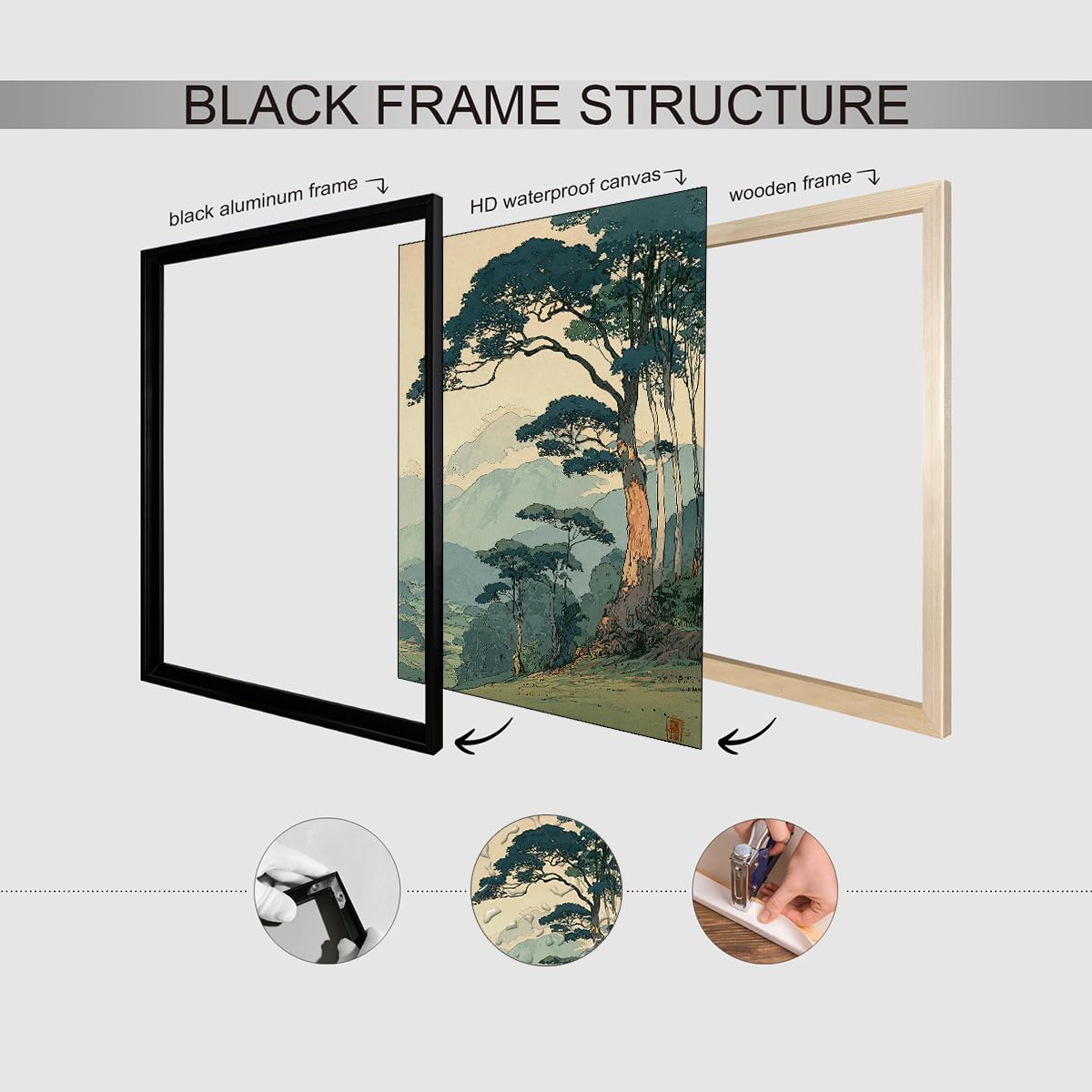 Japanese Forest Black Framed Wall Art Asian Tranquil Mountain Landscape Posters 24x36 inch Vintage Nature Tree Scene Prints Modern Ukiyo (Black Framed / Japanese Prints / 36"L x 24"W)