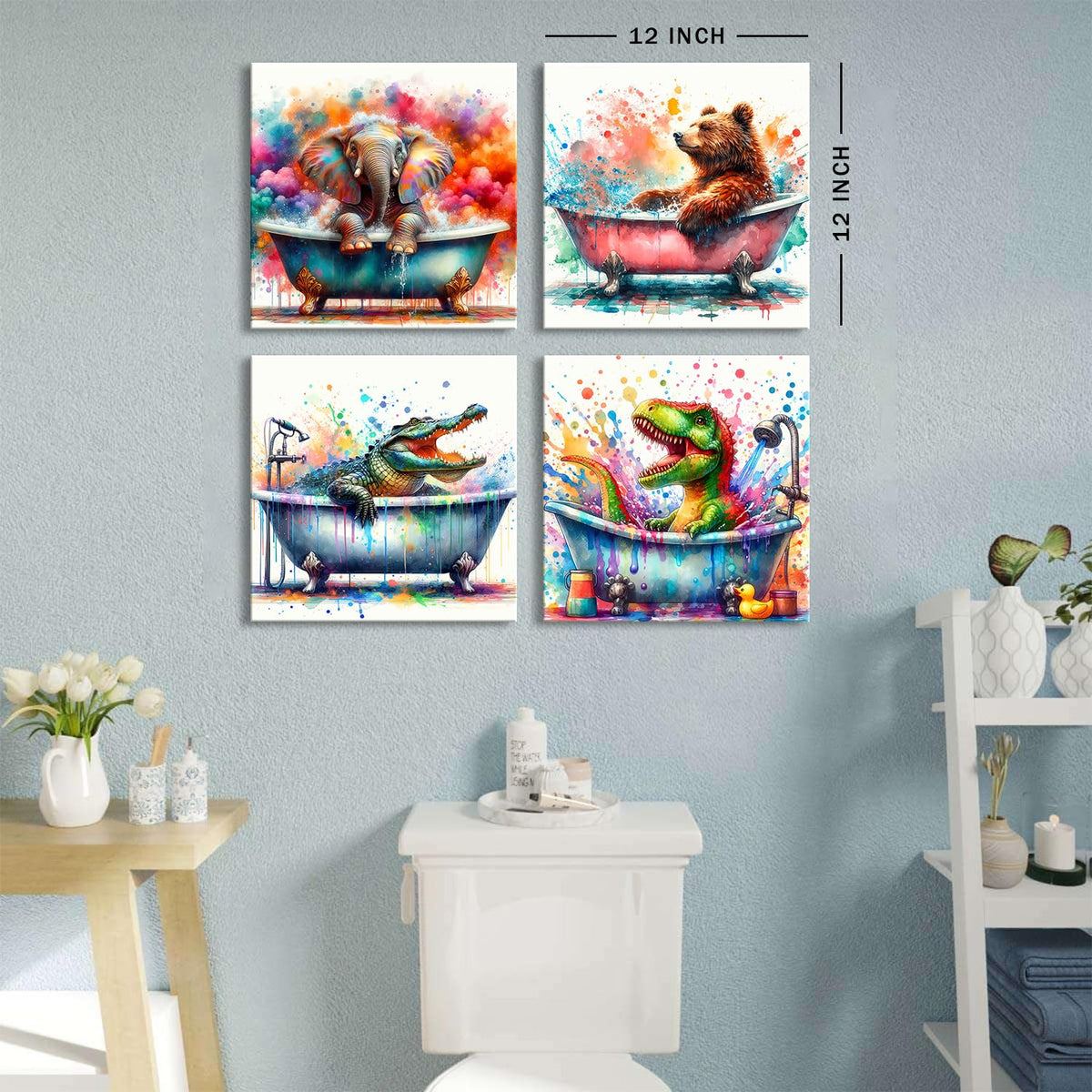 Graffiti Animals Wall Art Kids Bathroom Wall Decor Funny Dinosaur Bear Elephant Bathing Pictures Canvas Prints Nursery Toddler Poster Watercolor Crocodile Painting Artwork Bedroom Decoration 12x12" 4P (12"L x 12"W / Wildlife)